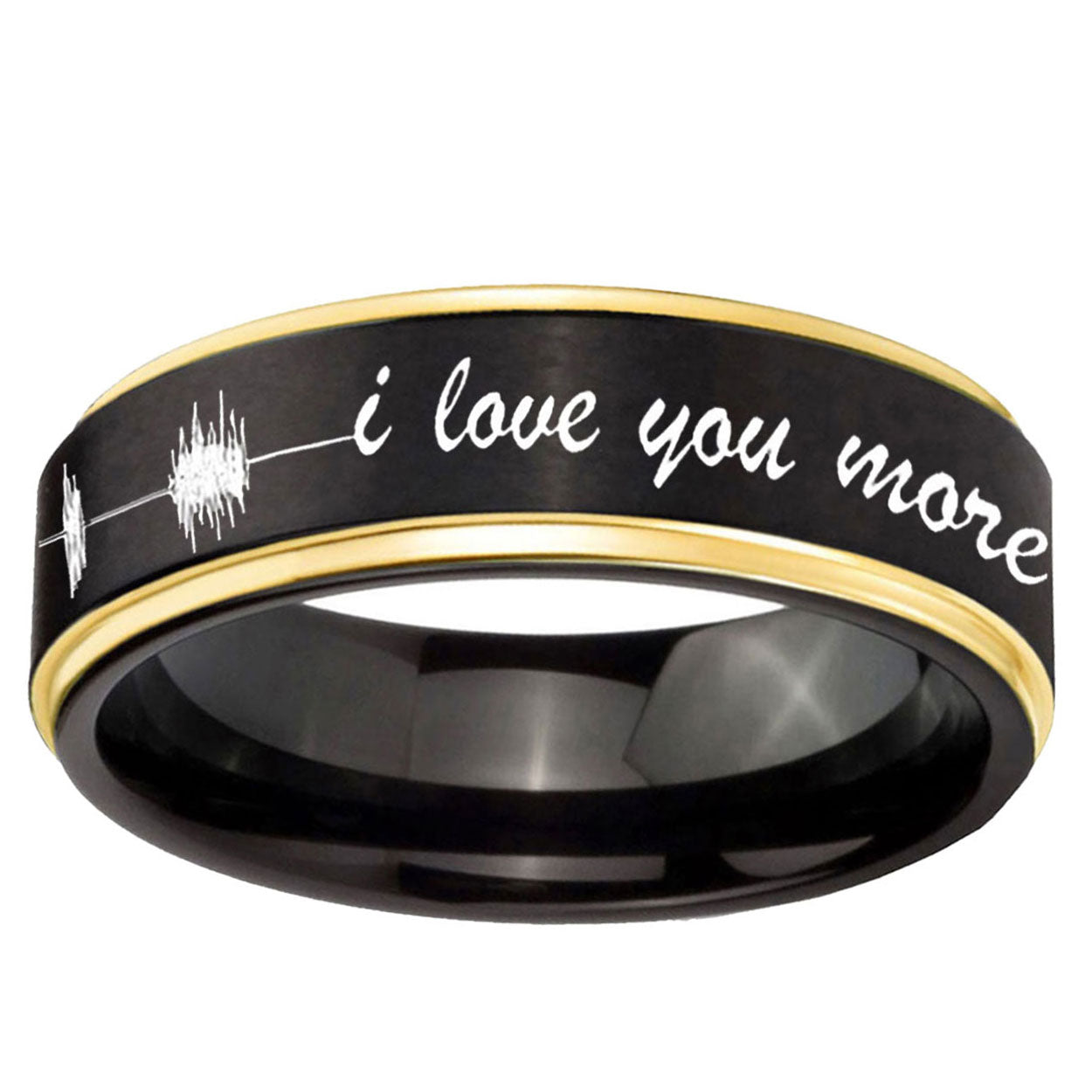 6mm Sound Wave I love you more Gold Step Edge Black Tungsten Ring