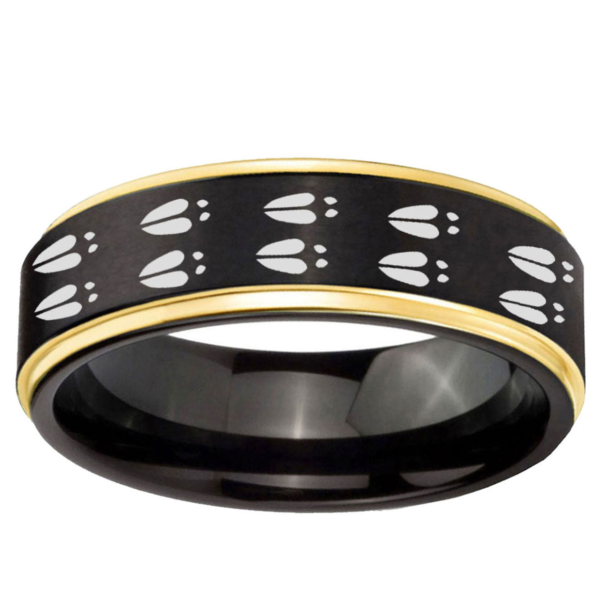 6mm Deer Tracks Gold Step Edge Black Tungsten Men Bands