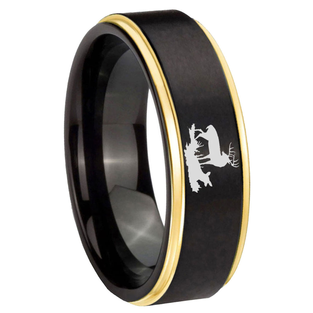 8mm Deer Hunting Gold Step Edge Black Tungsten Mens Ring