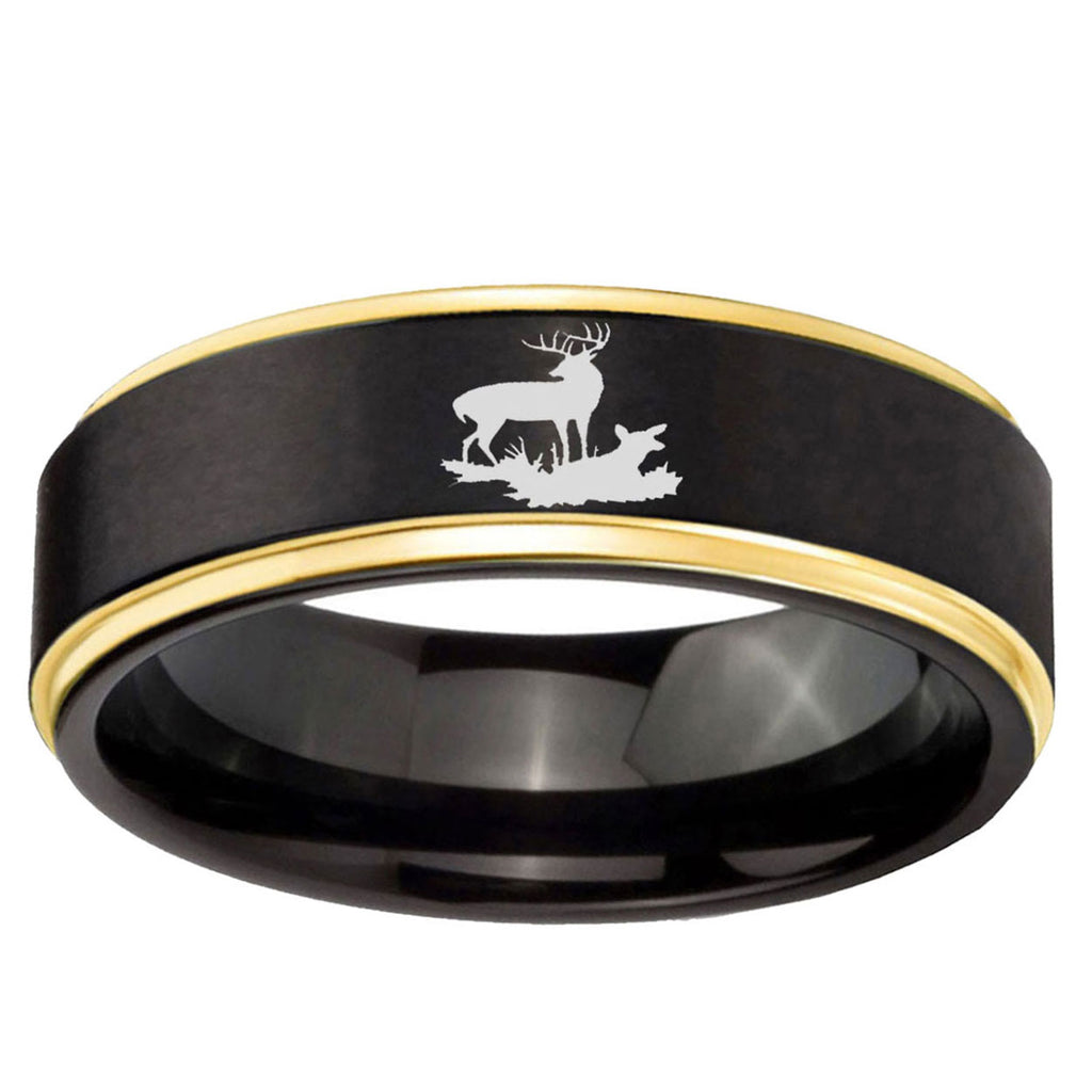 6mm Deer Hunting Gold Step Edge Black Tungsten Mens Ring