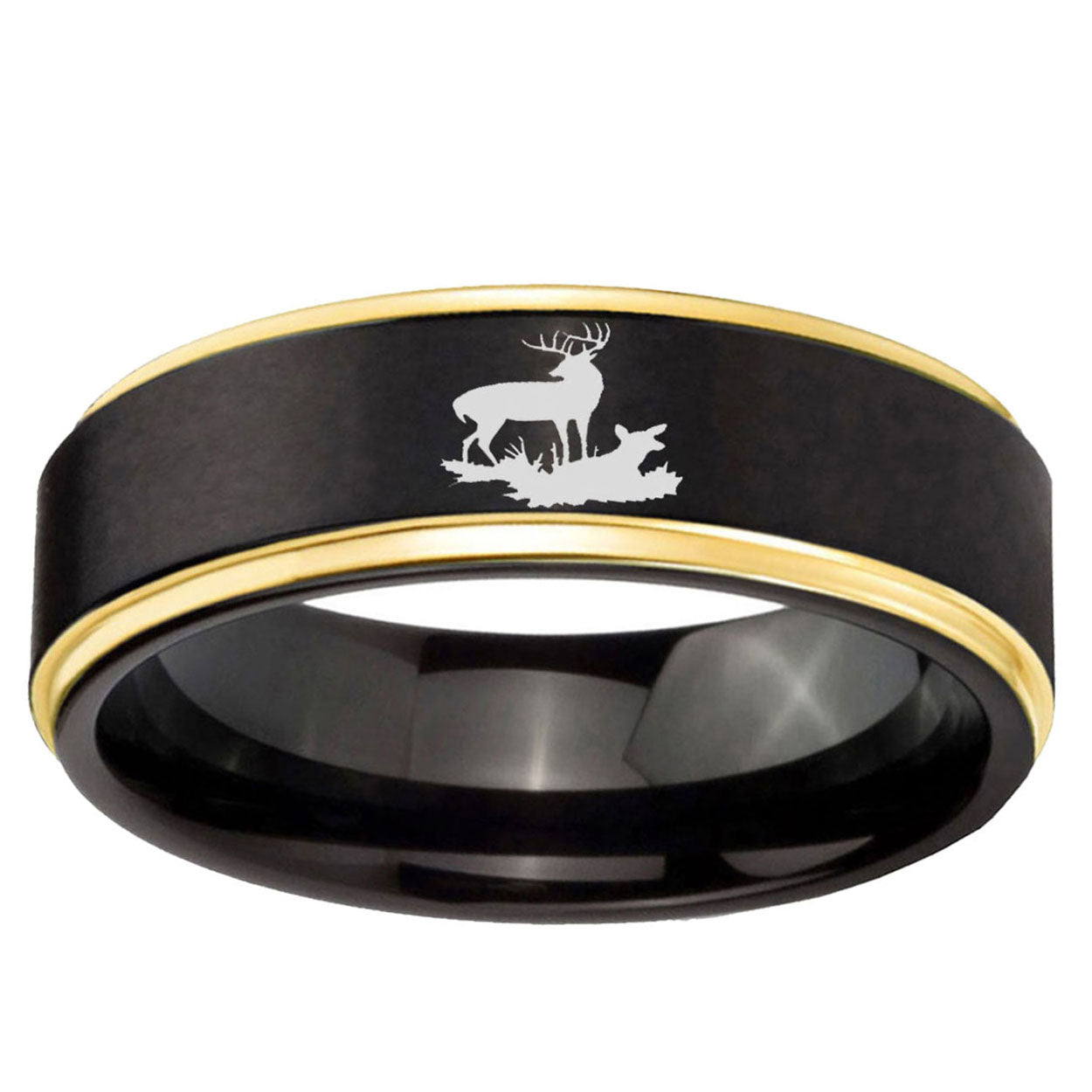 6mm Deer Hunting Gold Step Edge Black Tungsten Mens Ring