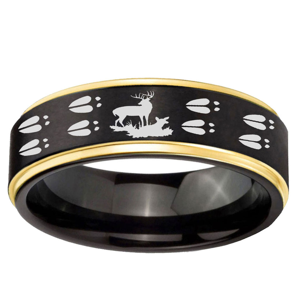 6mm Deer Hunting Tracks Gold Step Edge Black Tungsten Ring