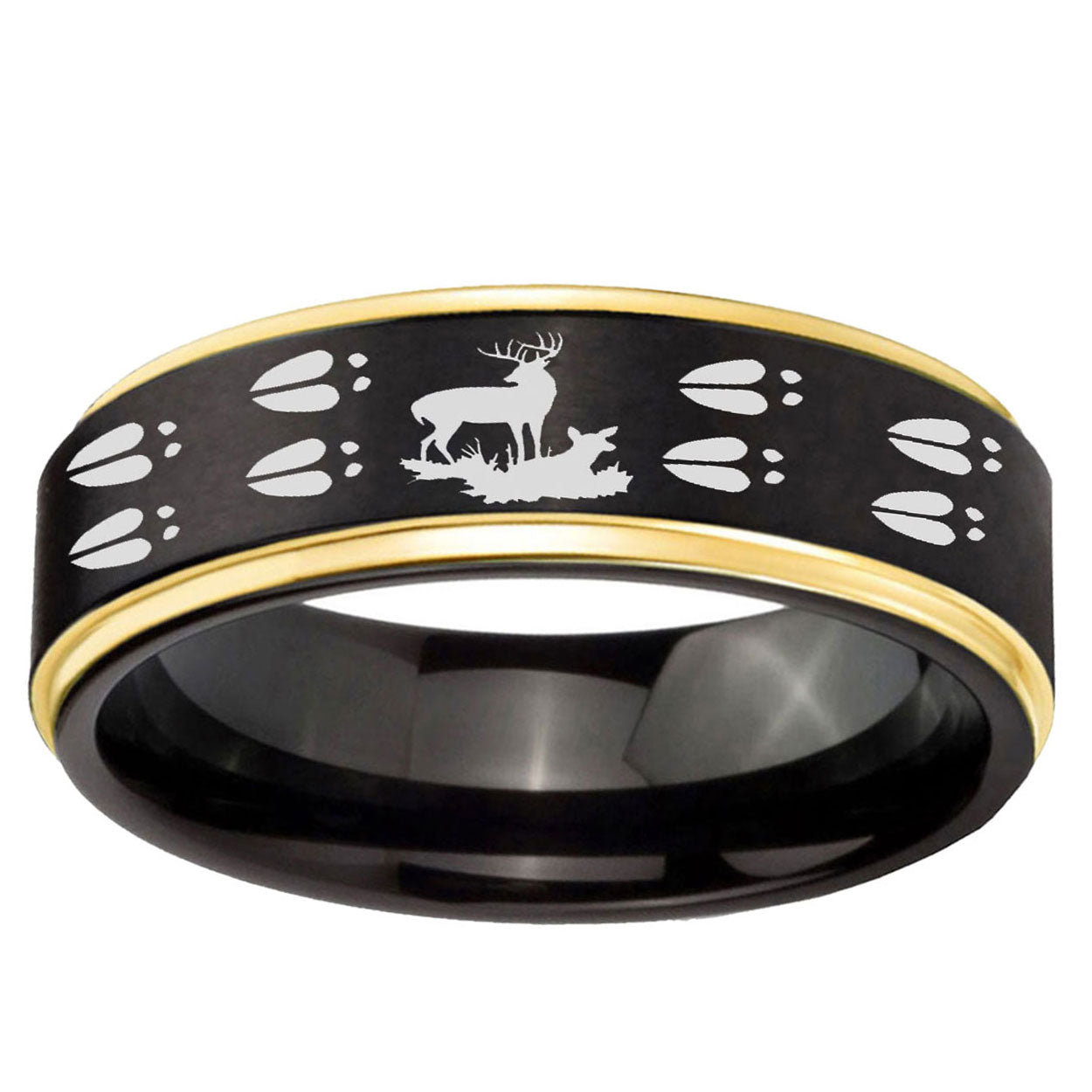 6mm Deer Hunting Tracks Gold Step Edge Black Tungsten Ring