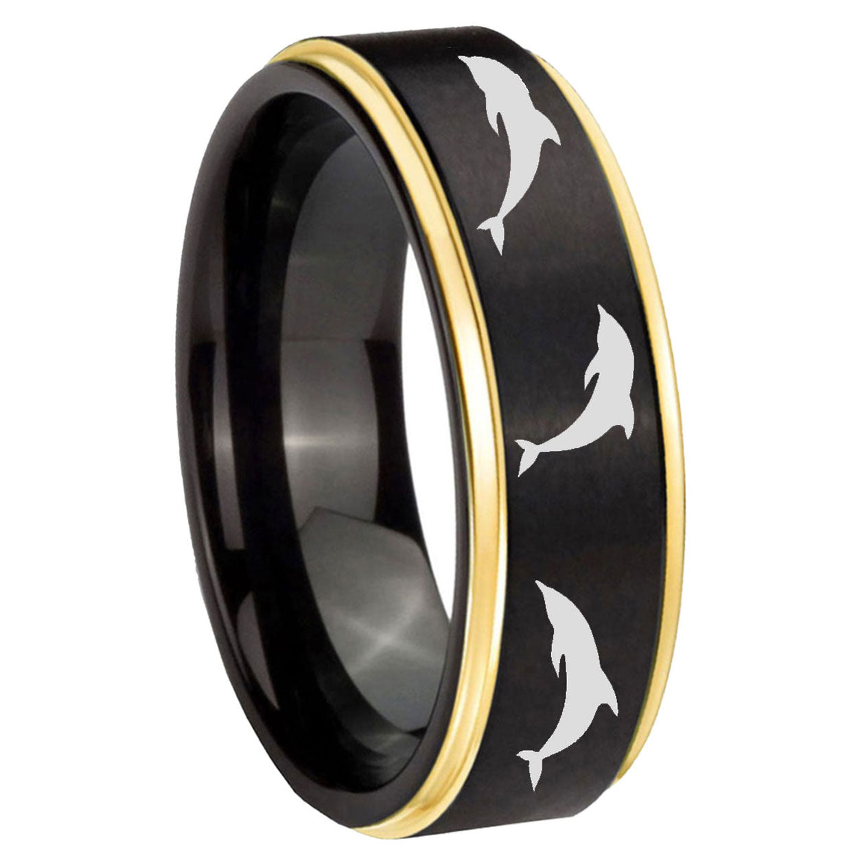 8mm Dolphins Gold Step Edge Black Tungsten Personalized Ring