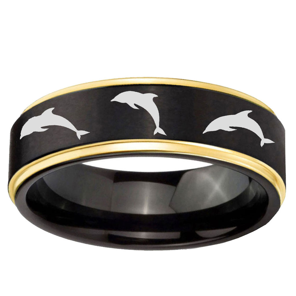 6mm Dolphins Gold Step Edge Black Tungsten Personalized Ring