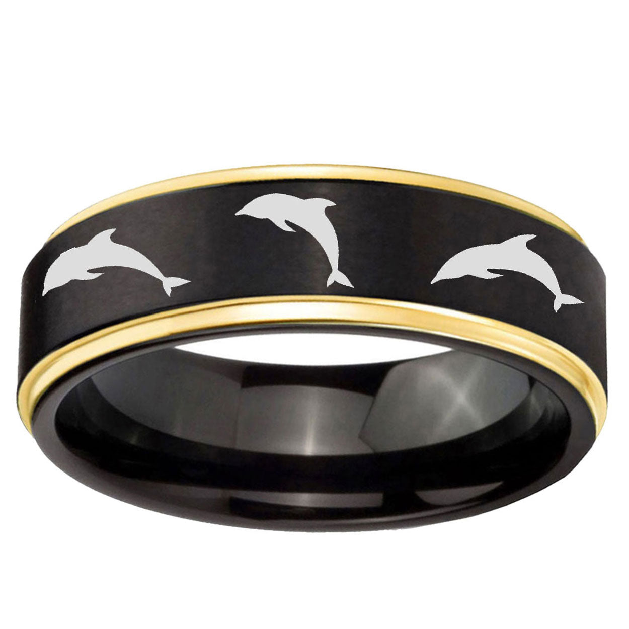 6mm Dolphins Gold Step Edge Black Tungsten Personalized Ring