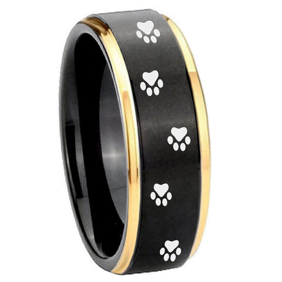 10mm-Paw-Print-Design-Gold-Step-Edges-Black-Tungsten-Carbide-Wedding-Band-Mens