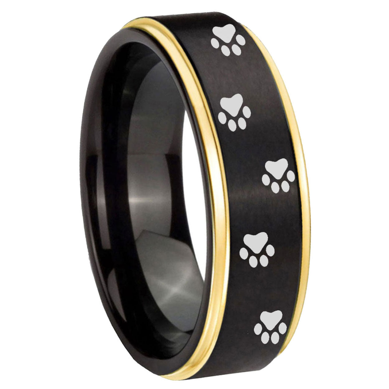 10mm Paw Print Design Gold Step Edges Black Tungsten Carbide Wedding Band Mens