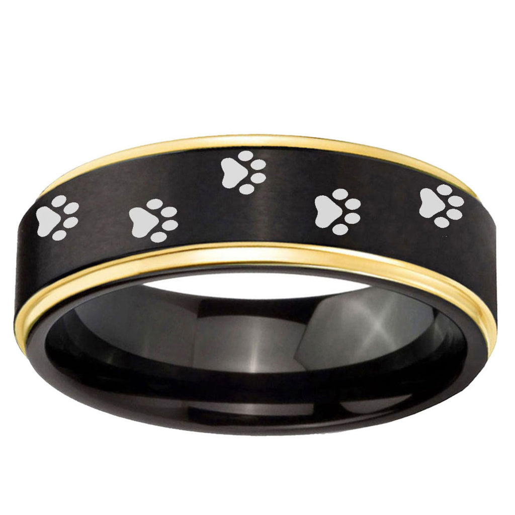 10mm Paw Print Design Gold Step Edge Black Tungsten Ring