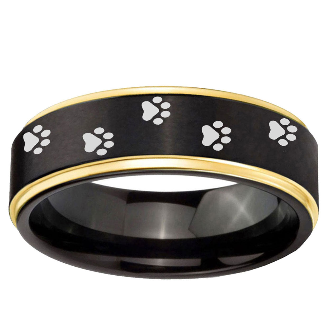 10mm Paw Print Design Gold Step Edge Black Tungsten Ring