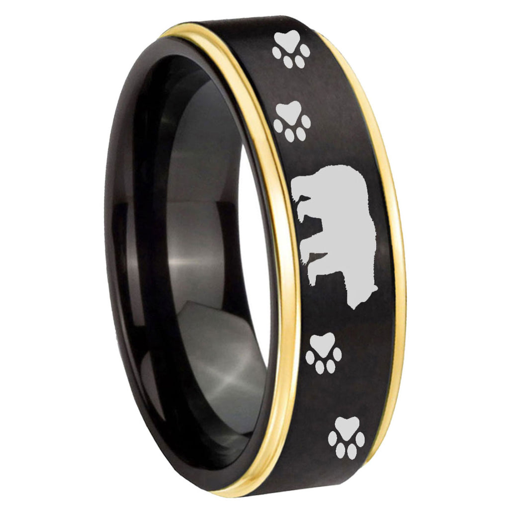 8mm Bear and Paw Gold Step Edge Black Tungsten Ring for Men
