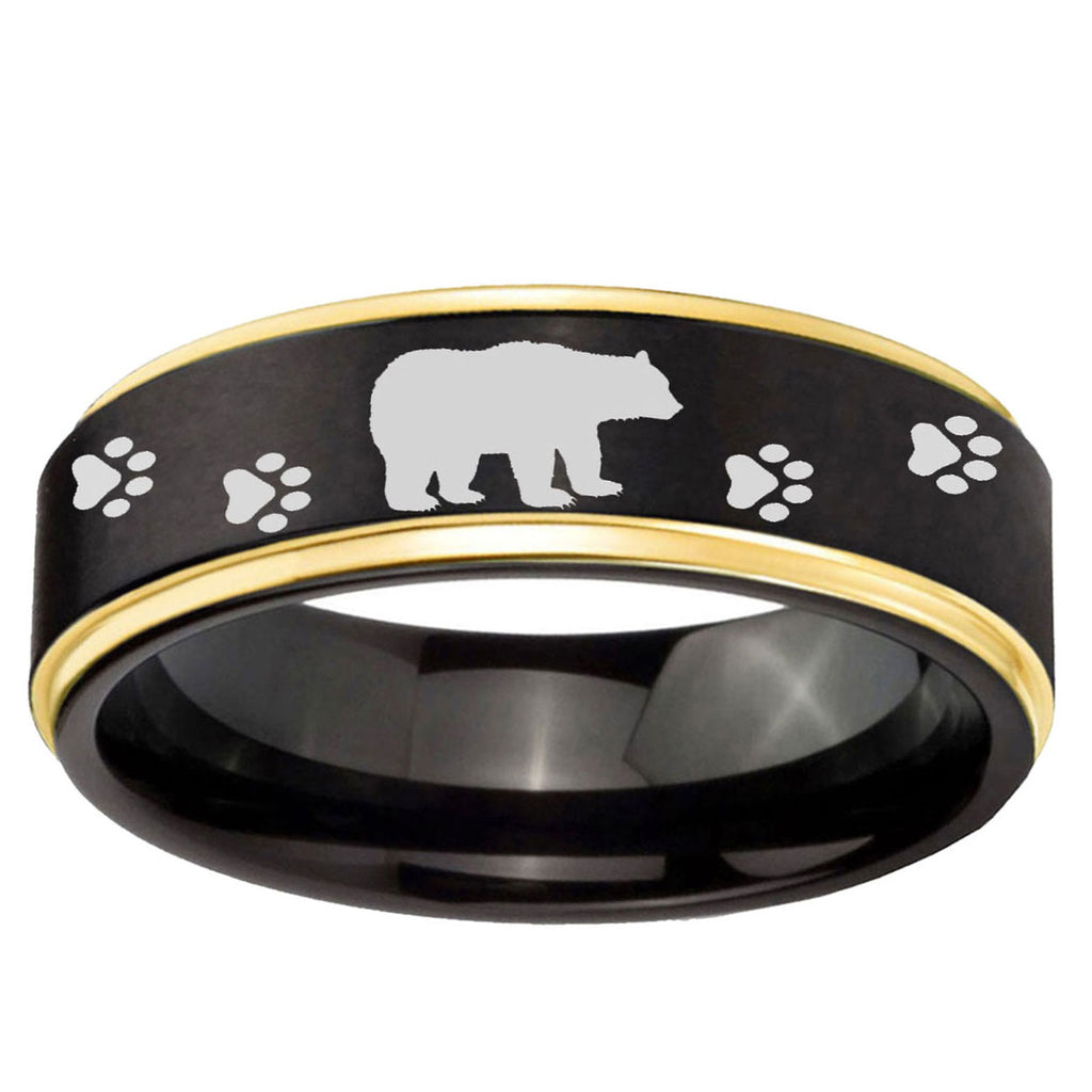 6mm Bear and Paw Gold Step Edge Black Tungsten Ring for Men