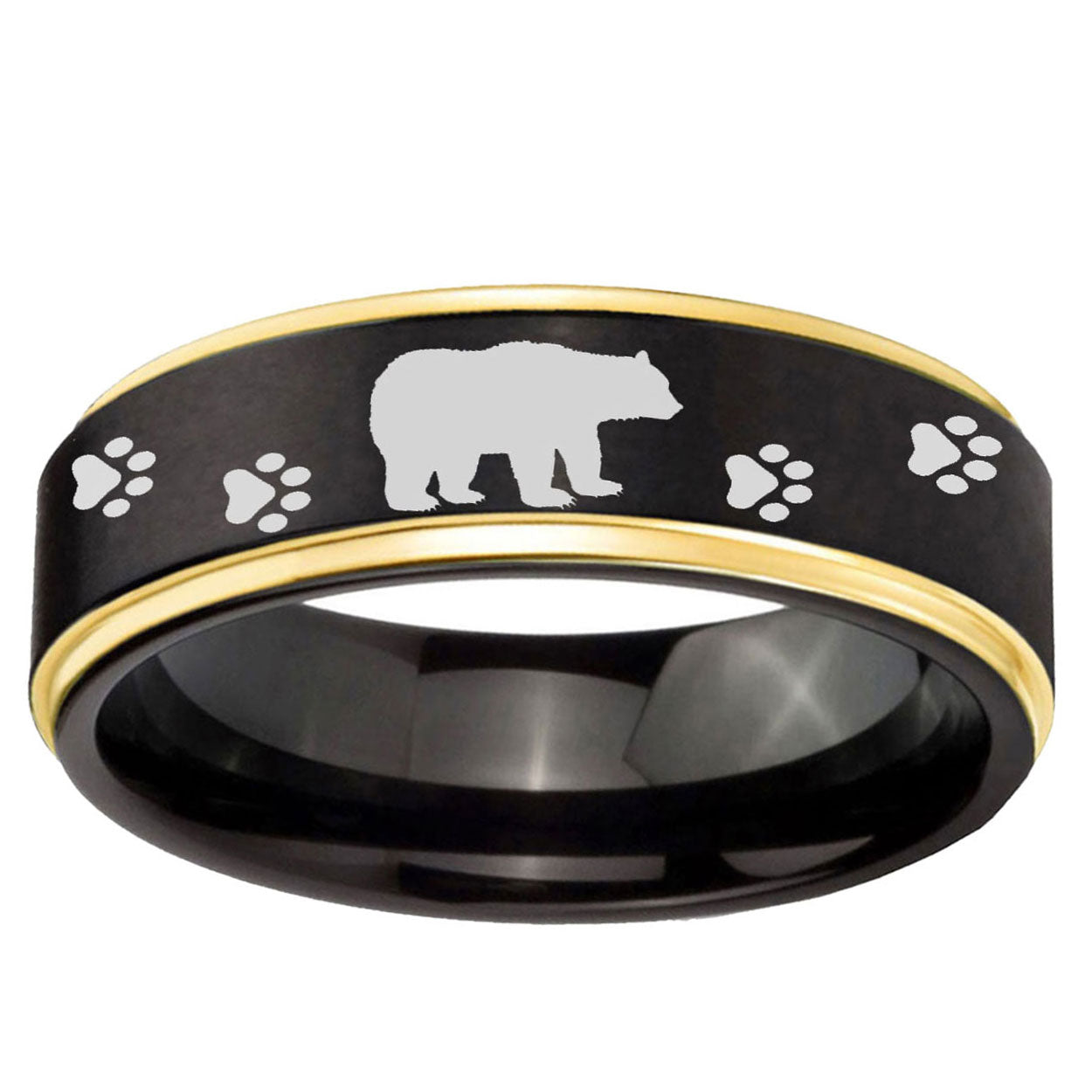 6mm Bear and Paw Gold Step Edge Black Tungsten Ring for Men