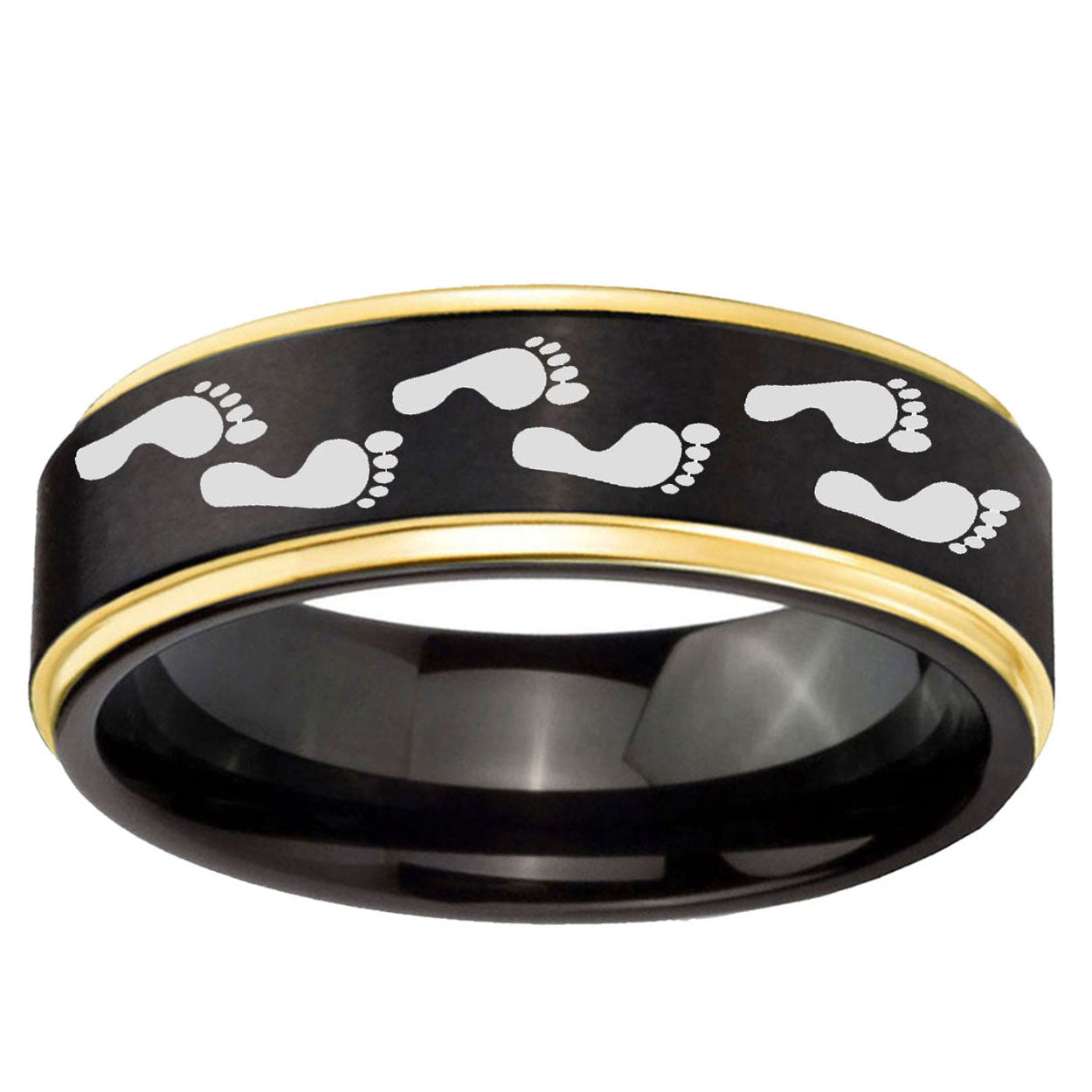 6mm Foot Print Gold Step Edge Black Tungsten Wedding Band