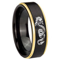 8mm Dragon Gold Step Edge Black Tungsten Engraved Ring