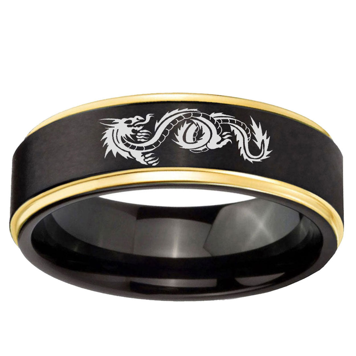 6mm Dragon Gold Step Edge Black Tungsten Engraved Ring