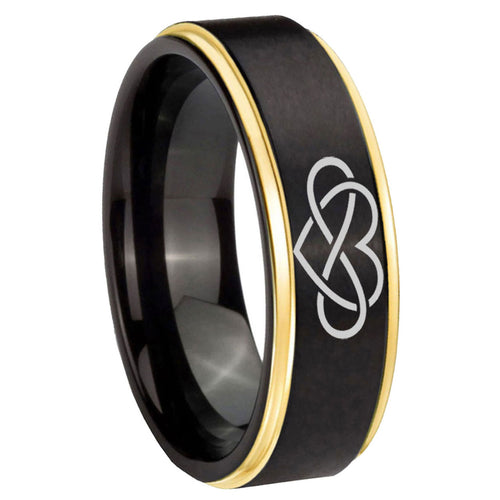 8mm Infinity Love Gold Step Edge Black Tungsten Men's Ring