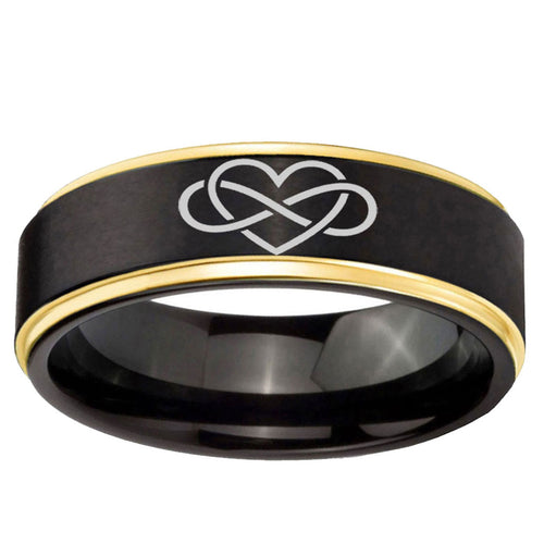 10mm Infinity Love Gold Step Edge Black Tungsten Ring