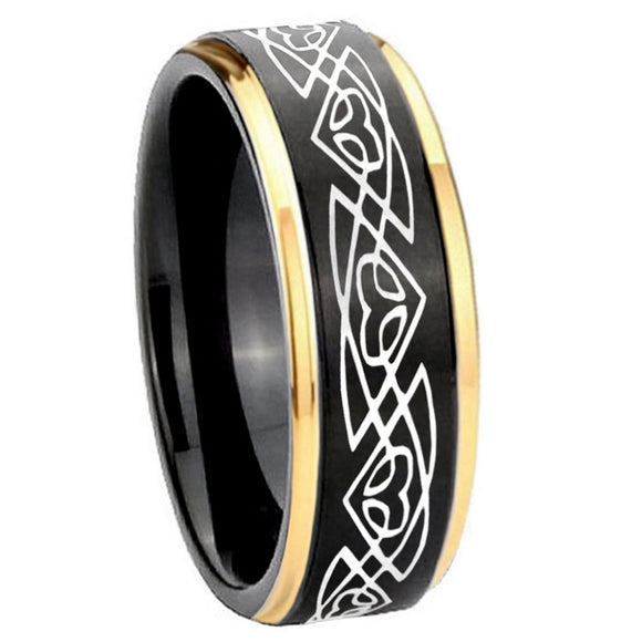 10mm-Celtic-Braided-Gold-Step-Edges-Black-Tungsten-Carbide-Wedding-Ring