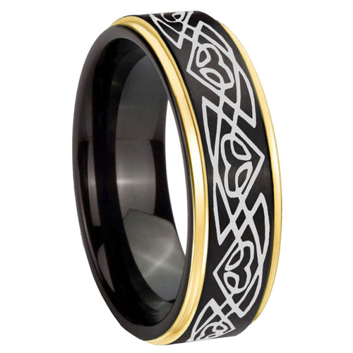 10mm Celtic Braided Gold Step Edges Black Tungsten Carbide Wedding Ring