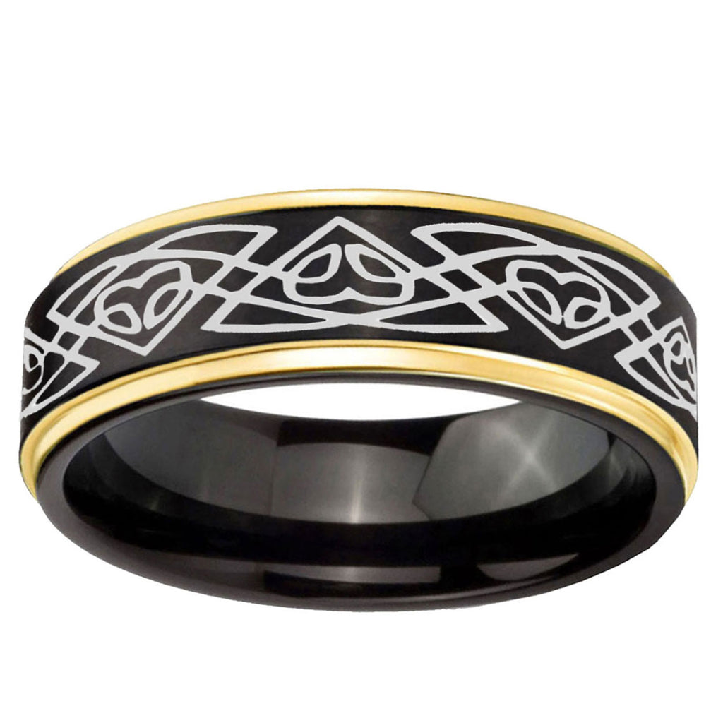 10mm Celtic Braided Gold Step Edge Black Tungsten Carbide Wedding Ring