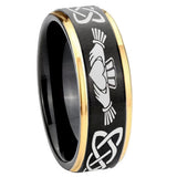 8mm-Irish-Claddagh-Gold-Step-Edges-Black-Tungsten-Carbide-Mens-Promise-Ring