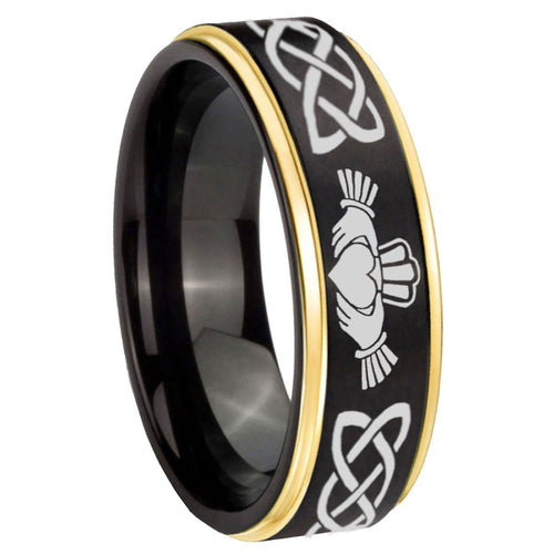 10mm Irish Claddagh Gold Step Edges Black Tungsten Carbide Wedding Ring