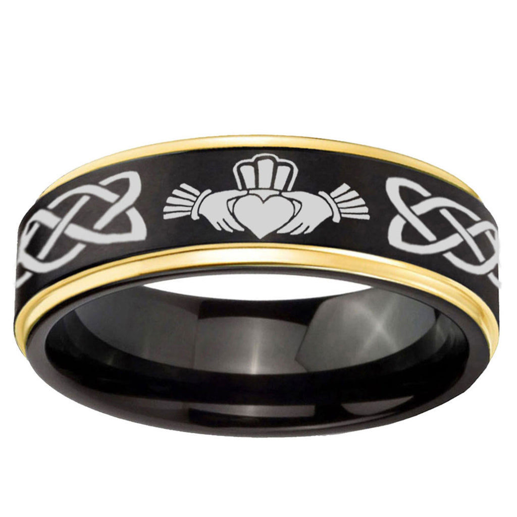 6mm Irish Claddagh Gold Step Edge Black Tungsten Ring