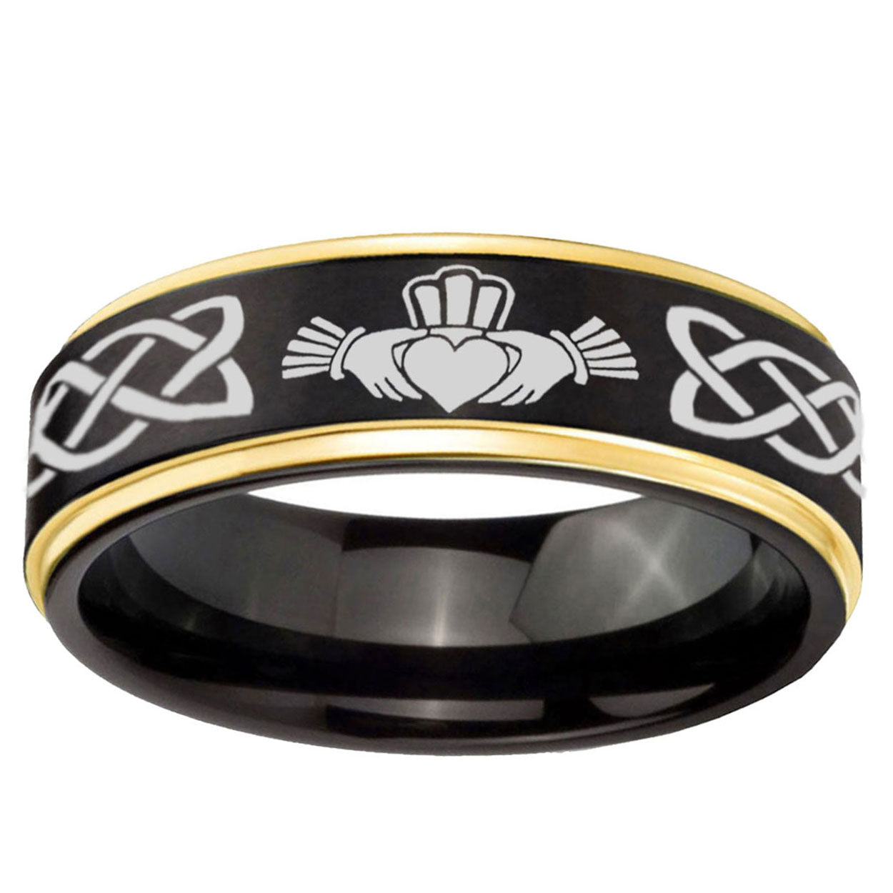 6mm Irish Claddagh Gold Step Edge Black Tungsten Ring