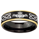 10mm Irish Claddagh Gold Step Edge Black Tungsten Carbide Wedding Ring