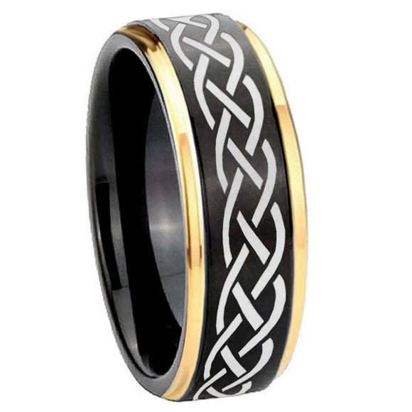 10mm-Celtic-Knot-Gold-Step-Edges-Black-Tungsten-Carbide-Wedding-Ring
