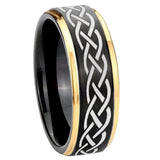 10mm-Celtic-Knot-Gold-Step-Edges-Black-Tungsten-Carbide-Wedding-Ring