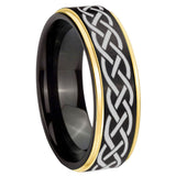 6, 8mm Celtic Knot Gold Step Edge Black Tungsten Carbide Men's Wedding Ring