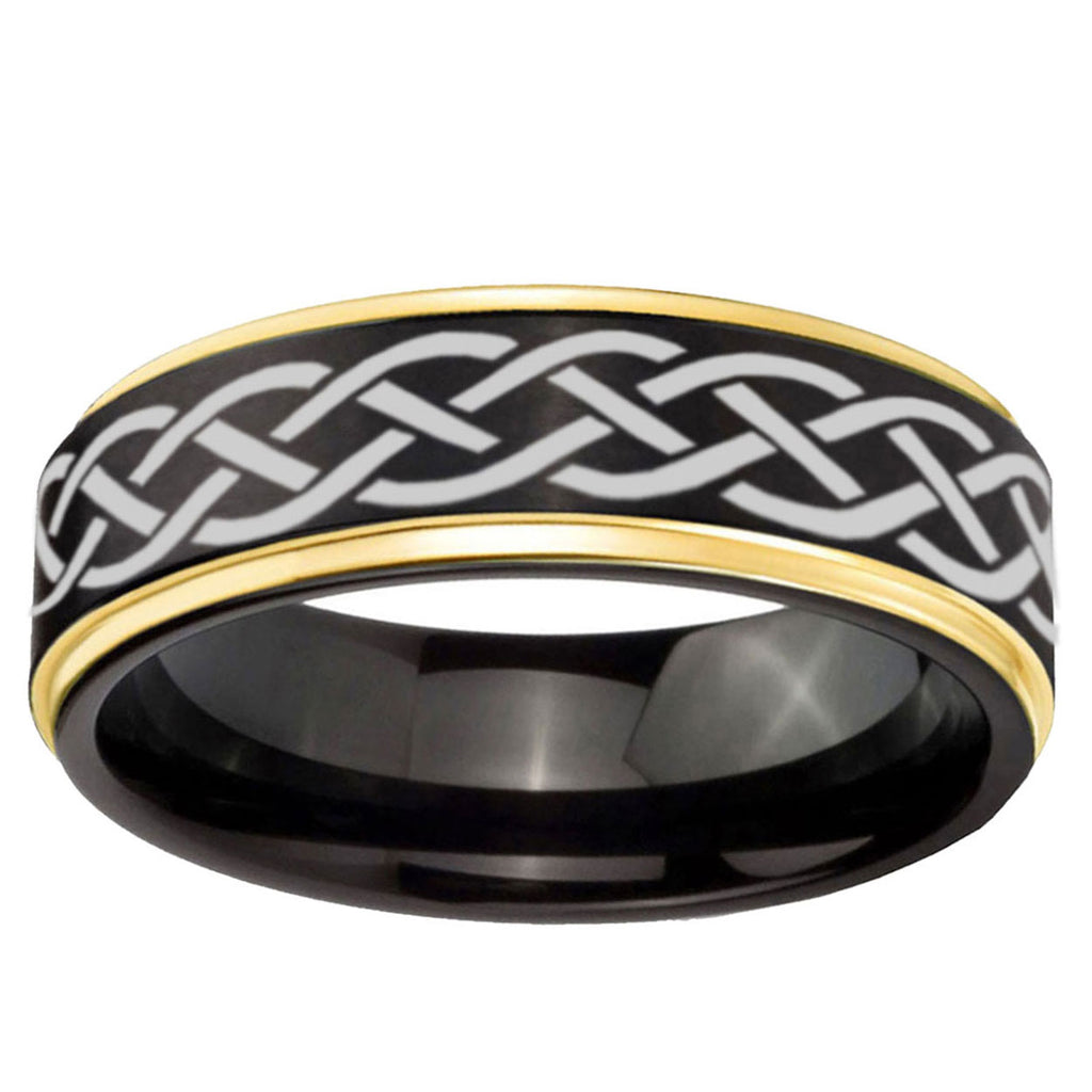 10mm Celtic Knot Gold Step Edge Black Tungsten Carbide Wedding Ring