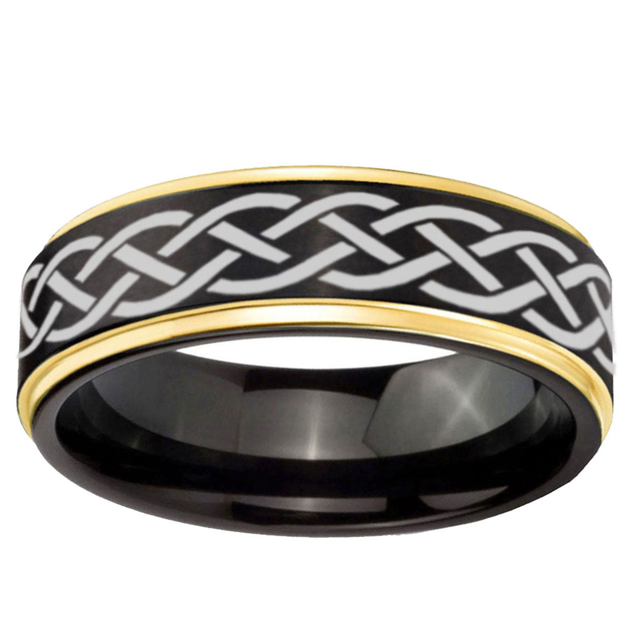 10mm Celtic Knot Gold Step Edge Black Tungsten Carbide Wedding Ring