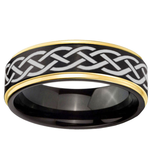 10mm Celtic Knot Gold Step Edge Black Tungsten Carbide Wedding Ring