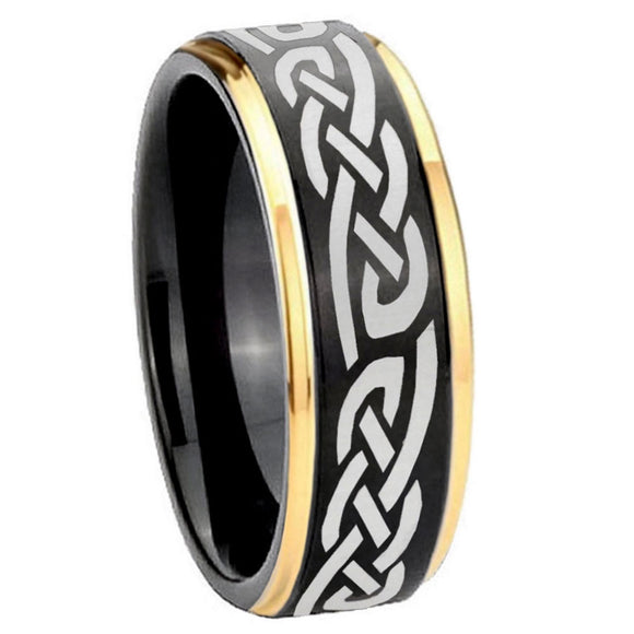 10mm-Celtic-Knot-Infinity-Love-Gold-Step-Edges-Black-Tungsten-Carbide-Wedding-Ring