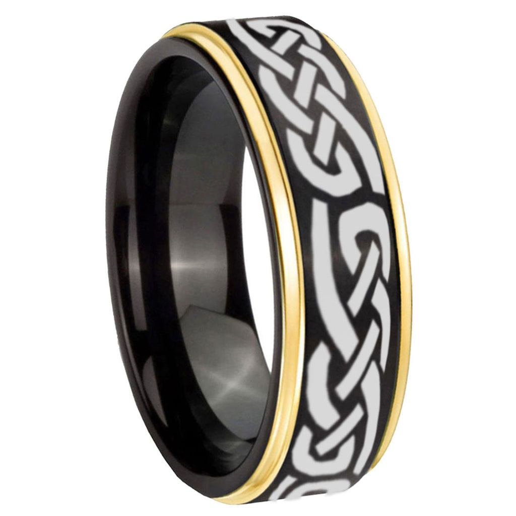 8mm Celtic Knot Infinity Love Gold Step Edge Black Tungsten Ring