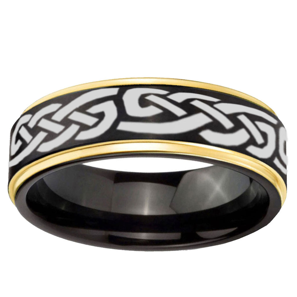 10mm Celtic Knot Infinity Love Gold Step Edge Black Tungsten Carbide Wedding Ring