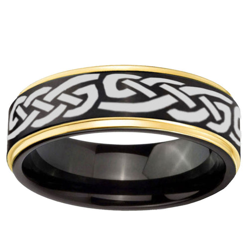 10mm Celtic Knot Infinity Love Gold Step Edge Black Tungsten Carbide Wedding Ring
