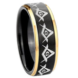 8mm-Masonic-Square-and-Compass-Gold-Step-Edges-Black-Tungsten-Carbide-Mens-Promise-Ring