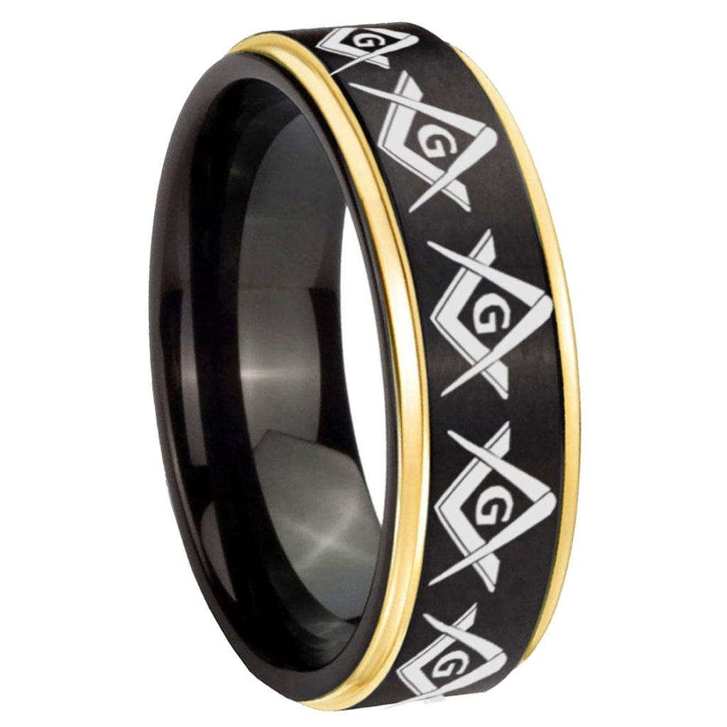 10mm Masonic Square and Compass Gold Step Edges Black Tungsten Carbide Wedding Ring