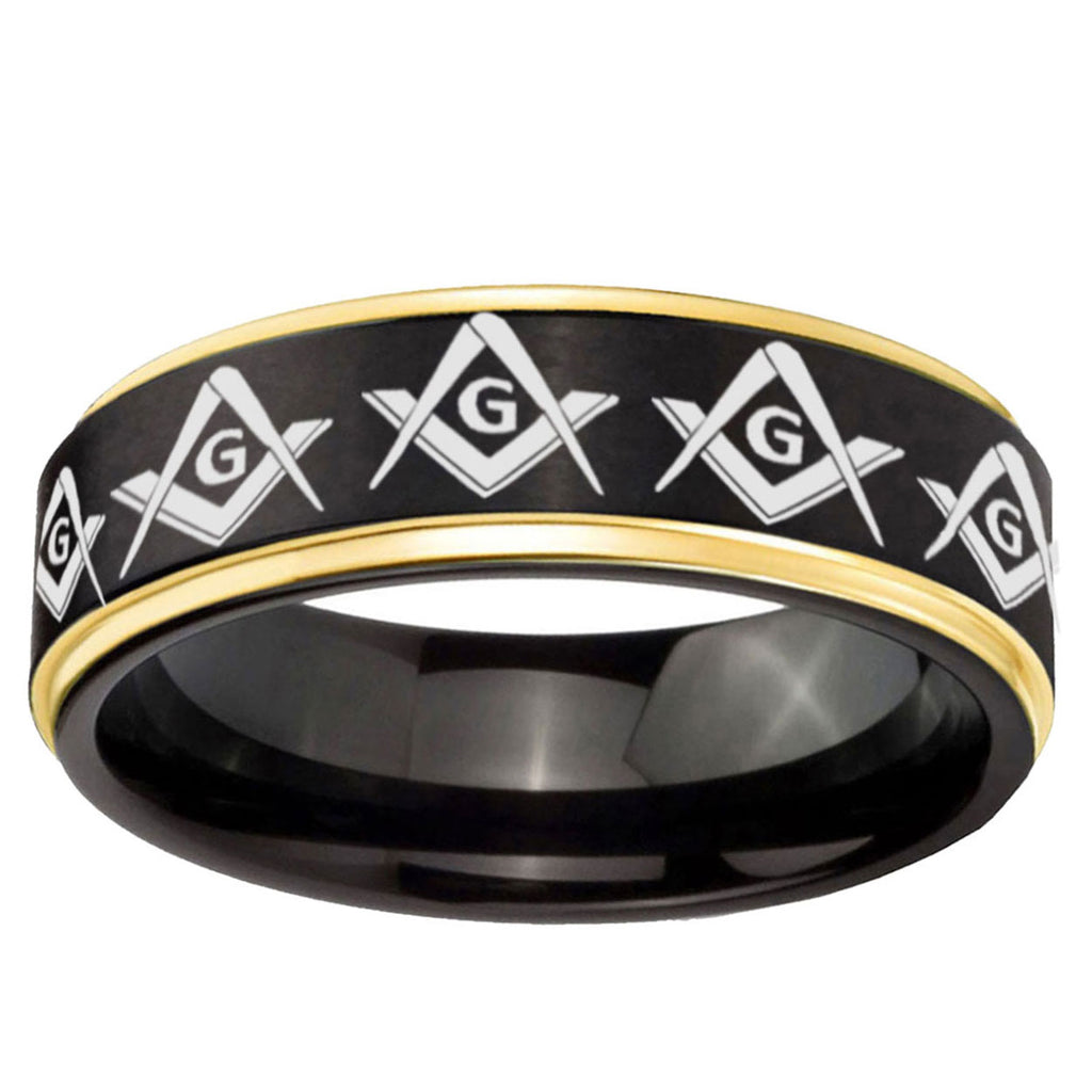 6mm Masonic Square Compass Gold Step Edge Black Tungsten Band