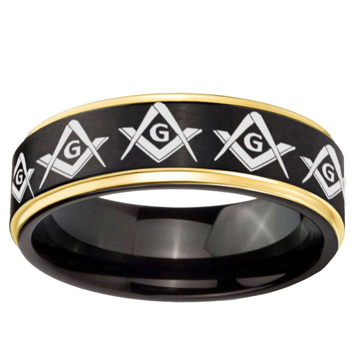 6mm Masonic Square Compass Gold Step Edge Black Tungsten Band
