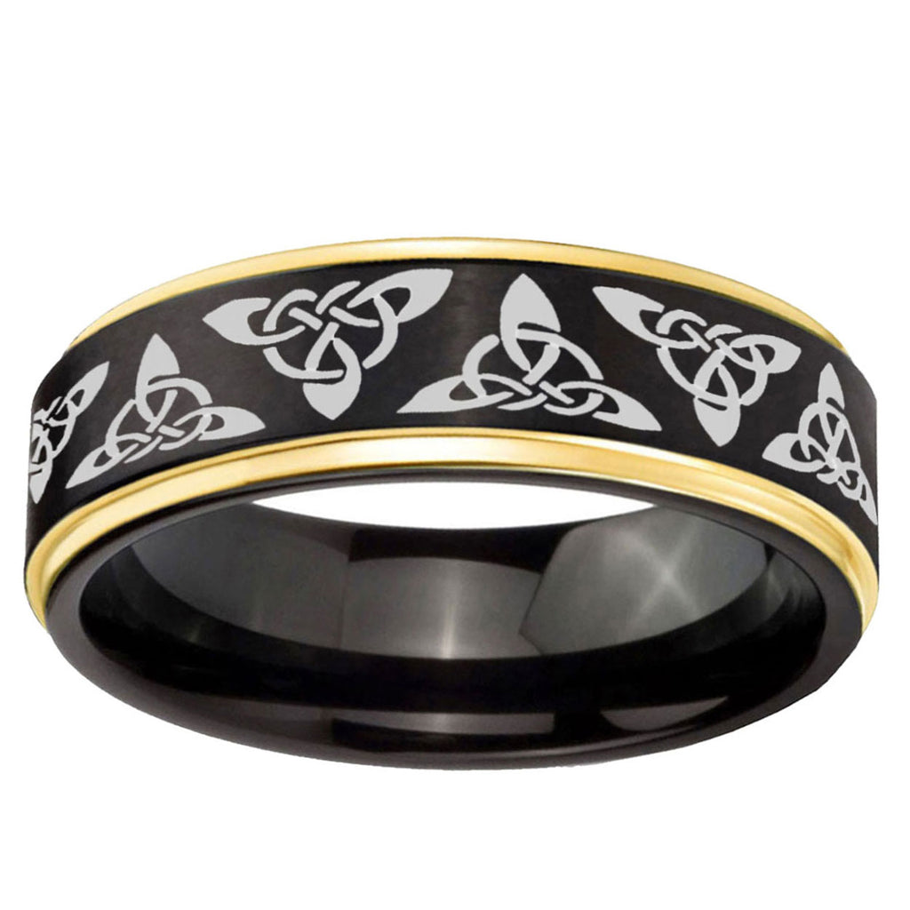 10mm Celtic Knot Gold Step Edge Black Tungsten Carbide Wedding Ring