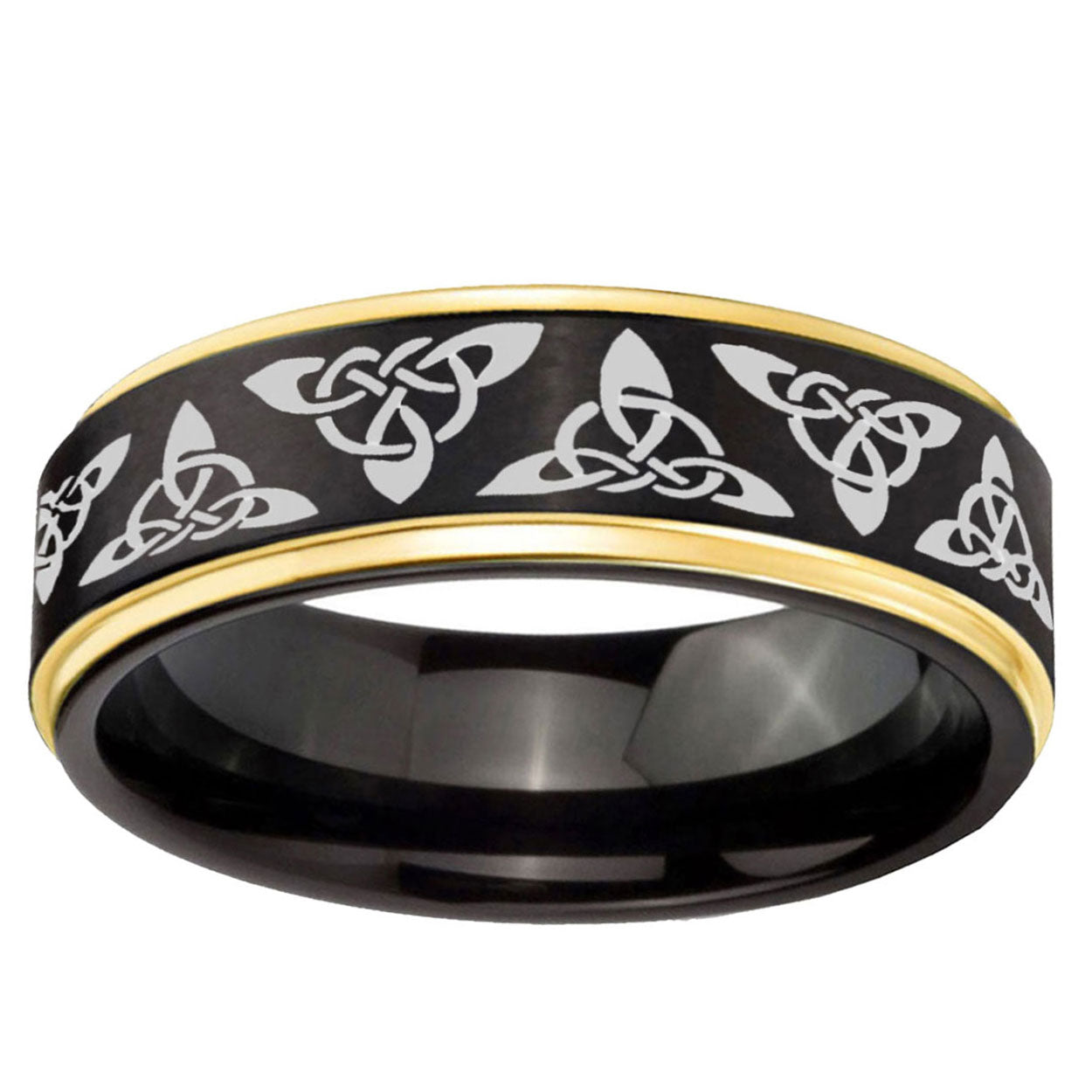 10mm Celtic Knot Gold Step Edge Black Tungsten Carbide Wedding Ring