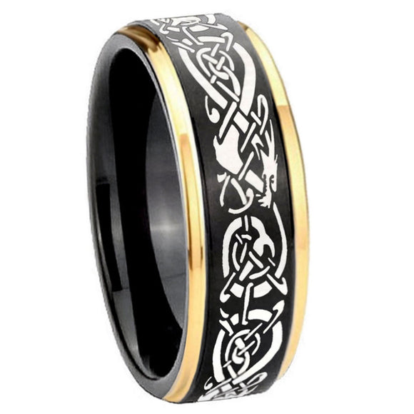 10mm-Celtic-Dragon-Gold-Step-Edges-Black-Tungsten-Carbide-Wedding-Ring