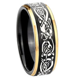 10mm-Celtic-Dragon-Gold-Step-Edges-Black-Tungsten-Carbide-Wedding-Ring