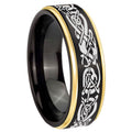 10mm Celtic Dragon Gold Step Edges Black Tungsten Carbide Wedding Ring