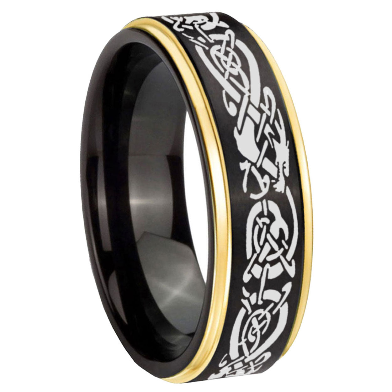 10mm Celtic Dragon Gold Step Edges Black Tungsten Carbide Wedding Ring